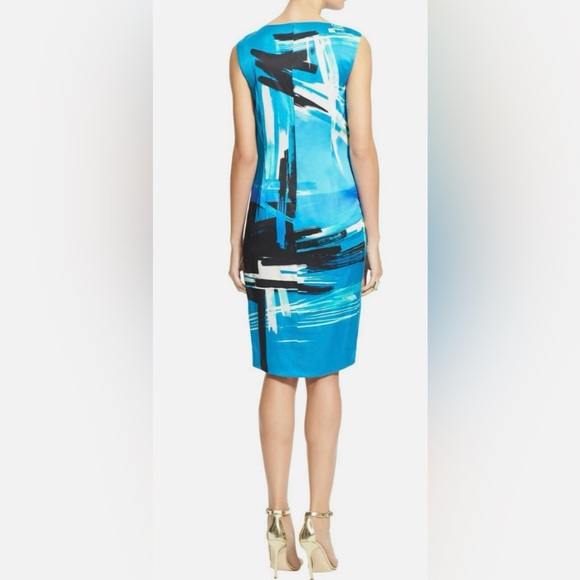 ST JOHN Brushstroke Stretch Silk Charmeuse Draped Cyan/Black Dress, Size 2 - Picture 5 of 16